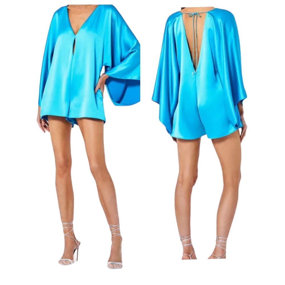 Alexis Kacie Romper Womens XS Wide Flowy Sleeves Blue Satin Open Back Cutout NEW
